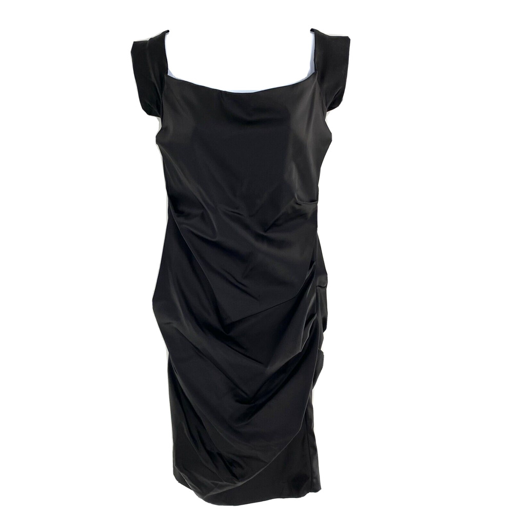 Nicole Miller Womens Ruched Cocktail Dress Bodycon Black Satin Square Neck Sz 10